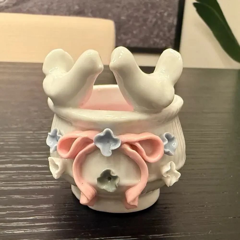 Vintage Porcelain Dove Candle Holder Votive Holder Doves Bows Blue Pink